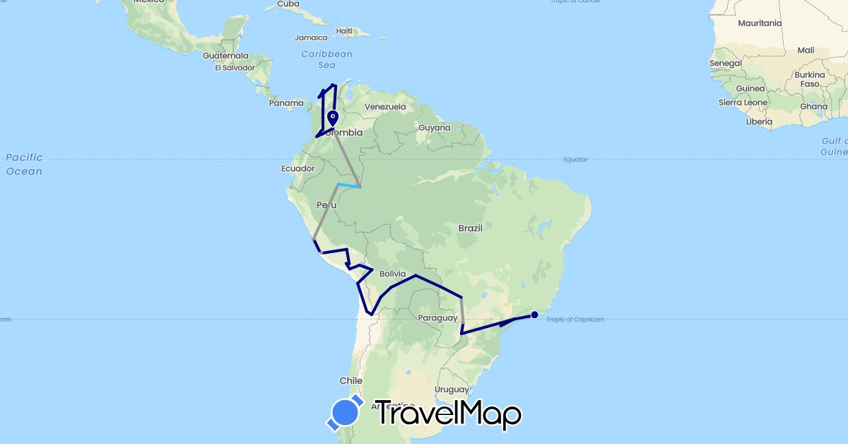 TravelMap itinerary: driving, plane, boat in Bolivia, Brazil, Chile, Colombia, Peru, Paraguay (South America)